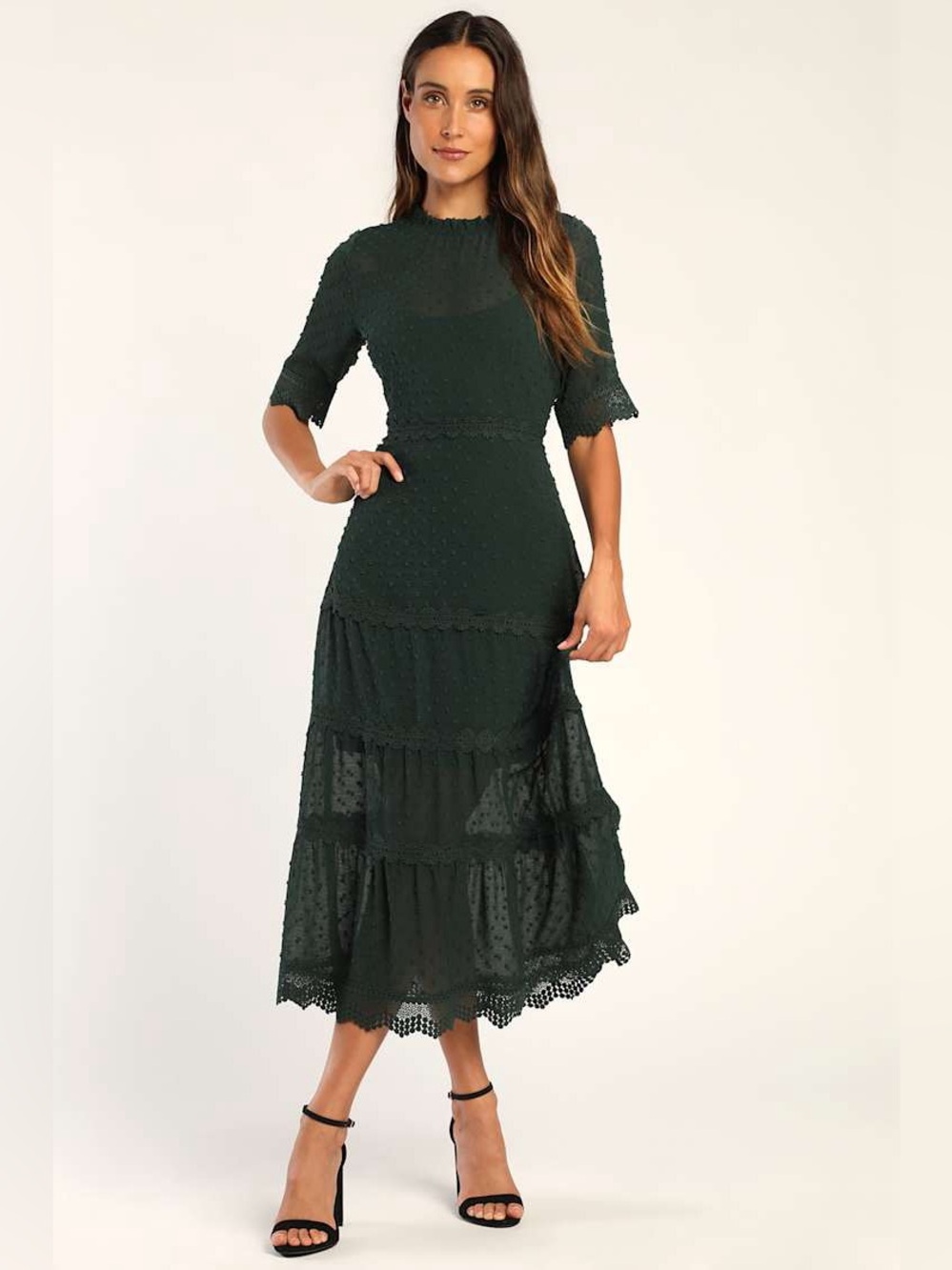 Lulu's Forest Green Midi Lace Tiered Dress